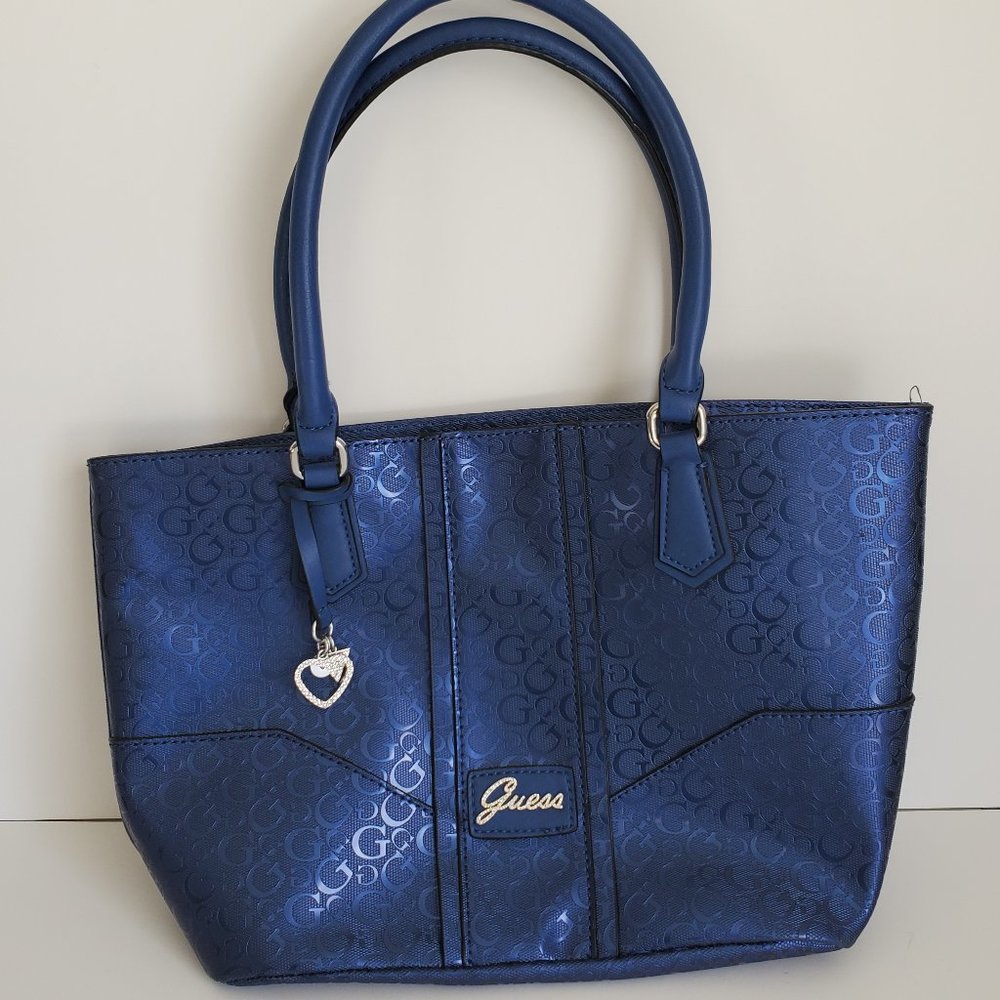 Authentic Classic Y2K GUESS Monogram Tote Cobalt Blue Glossy Silver Accents - Picture 2 of 8